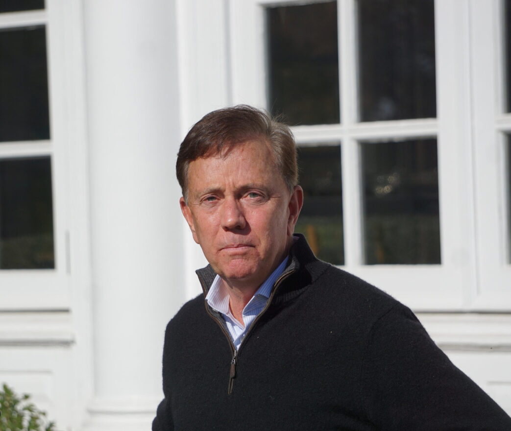 Gov. Ned Lamont talking about the election outside the Executive Residence.